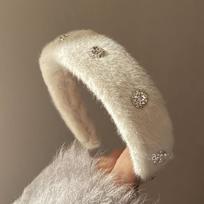 Diamond Mink Fur Headband Hair Hoops Women Winter Fluff Ski Hair Accessories Warm Soft Artificial Lamb Woolen Hair Bands beige