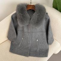 Womens Short Knit Cardigan With Real Fox Fur Collar Batwing Sleeve Loose Fit Office Chic Winter Gray Real Fox Fur Collar black