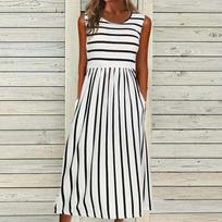 Women's Casual Stripes Printed Sleeveless Sling Round Neck Dress Dress XXL balta