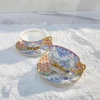 Britiška keraminė puodelis, dažytas aukso emaliu, lango gėlė ir paukštis, kavos puodelis ir lėkštelė, buitiniai gėrimo įrankiai 220ML 220ml mėlyna