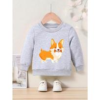 Kids Cartoon Corgi Print Crew Neck Sweatshirt - Regular Fit, Slight Stretch Fabric, Applique Detail, Ideal for Spring/Fall 170 pilka