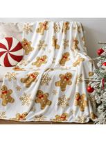 Kalėdinė imbierinių sausainių pledas: Itin švelni balta flanelinė pliušinė imbierinio žmogeliuko lovos antklodė, lengva jauki Kalėdinė Size: 75*100cm, Weight: 320 GSM