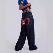 Y2K Skate Style Dark Blue Baggy Jeans with Red Graffiti Print High Waist Loose Denim Trousers M mėlyna