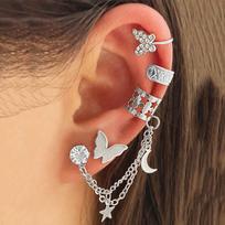 Exaggerated Rhinestone Butterfly Tassel Ear Cuff Set - Non-Pierced U-Shaped Alloy Stud Earrings beige