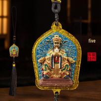 Yellow Jambhala Medicine Buddha & Ksitigarbha Hand-Painted Thangka Car Pendant brown