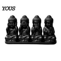 Black Matte Resin Craft 4-in-1 Mini Buddha Statue, See Hear Speak No Evil And Phone, 3D Printed Funny Figurine Zen Monk Feng Shui Ornament for juoda