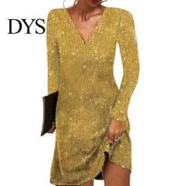 Sequin Dress Women V Neck Loose Long Sleeves Solid Color Evening Spring Above Knee Length Autumn Party M beige