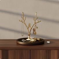 Golden Deer Key Holder Light Elegant Design Branch Rack Storage Tray Bamboo Wood Base gray