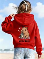 Cute Bubble Tea Capybara Kids Hoodie Sweet Animal Back Print Autumn Winter Fleece Warm Children Casual Hooded Sweatshirt 160 white