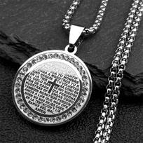 Bible Verse Cross Rhinestones Chain Necklace for Women Men Stainless Steel Spanish Our Father Medal Lord's Prayer Jewelry Gift gray