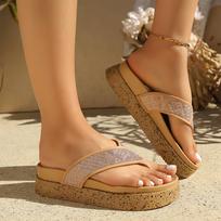 Women's Fashion Platform Flip Flops Summer Thick Sole Pearl Embellished Beach Sandals Lightweight Comfortable Slip On Shoes 39 chaki