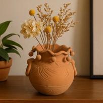 Terracotta Flower Vase Handmade Clay | Decorative Bud Vase with Carved Leaf Pattern, Rustic Boho Table Centrepiece for Home orange