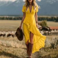 Women's Casual Summer V-Neck Short Sleeve Ruffle Asymmetrical Dress S geltona