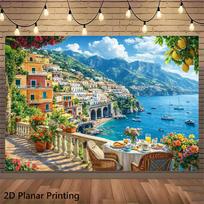 Viduržemio jūros pakrantės gobelenas Sienos dekoracija Poliesterio spaudinys Amalfi Italija Kaimo scena Tropinis kelionių dekoras Meno plakatas namams 150X200CM
