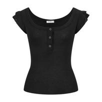 Homemade~ Misty Midsummer, Double-Layer Fungus Edge Small Flying Sleeves Solid Shoulder T-Shirt Slim-fit Versatile Top XL juoda