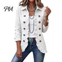 Daily Wear Coats Women Bohemia Floral Jacket, Turndown Collar Ruffled Open Front Coat, Lightweight Jackets Slim Fit Casual Long Sleeve Outwear M šilta balta spalva