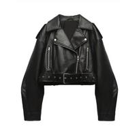 Miesto mados mergaičių trumpa PU odos motociklininko striukė su užtrauktuku gatvės stiliui 4XL black