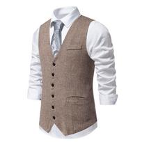 Men's Herringbone Suit Vest Retro Single Breasted with Real Pockets XXL chaki