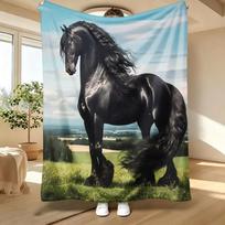 Majestic Black Horse, Animal Lover Gift, Soft Cozy Blanket, Realistic Stallion Design, Multi-Purpose Home Decor, Warm Comfort 75X95CM white