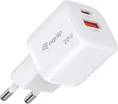 Equip 2 prievadų 20W GaN USB PD įkroviklis, USB-C x 1, USB-A x 1, 25 vnt./pak., vidaus, AC, 12 V, balta