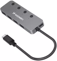 Wozinsky WHS080YSS 4 x USB-A 3.0 aliuminio šakotuvas su atskirais jungikliais ir 15 cm USB-C kabeliu – pilkas
