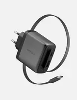 ENERGEA Ampcharge Arc 65W GaN USB-A/USB-C sieninis įkroviklis su įtraukiamu USB-C kabeliu, Gunmetal