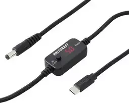 VOLTCRAFT VC-18735745 juodas USB įtampos keitiklis su DC jungtimi 5,5 x 2,1 mm, USB-C PD/DC, reguliuojama išėjimo įtampa, pridedamas DC adapteris