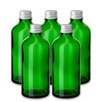 Žalia stiklinė butelė 100 ml su sidabriniu aliuminio dangteliu, 5 vnt. rinkinys