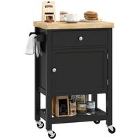 Kitchen trolley on castors, service trolley, rubberwood worktop, drawer, 63.5 x 40 x 90 cm, black 63.5 x 40 x 90 cm
