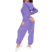 Women Fleece Hooded Zipper Front Onesie with Side Buttons Plush Pajama Jumpsuit Loungewear L violetinė