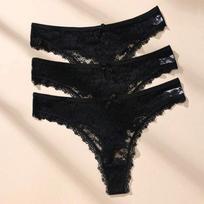 3Pcs Women Thongs Sexy Lace Panties Low Waist Underwear Girls Briefs G-String Breathable Ladies Panty Black Female Lingerie S-XL XS juoda