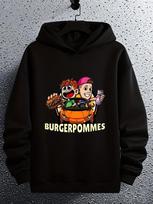 Casual Hoodie with Cartoon Burger & Fries Design - 100% Polyester Knit M black