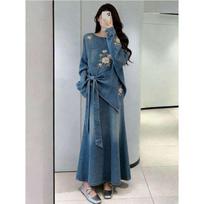 Korean version of denim casual style embroidered crew neck top skirt two-piece set women's spring summer new high-end suit S gray