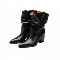 Cowhide Version~ Zhao Lusi Same Pleated High-Heeled Stacked Boots Women'S Autumn And Winter Cowboy Boots Retro Short Boots 40 black