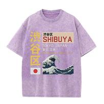 2026 Shibuya Tokijas Japonija Kanji Didžioji banga prie Kanagavos Grafinis Juodas Rūgštimi skalbtas marškinėlis Vintažinis Japonijos miesto koordinatės Atsitiktinis L gray