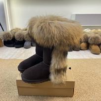 Women High Knee Snow Boots Real Fox Fur Trim Warm Plush Lined Winter Tall Boots 41 gray