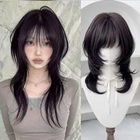 Synthetic Women Wig Hairpiece 18inch High-layered Mullet Haircut Wolf Cut Black Wig with Hair Bangs for Women Daily Party Use 18inches gray