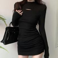 Solid color sexy semi-turtleneck hollow long-sleeved dress women's spring new slim and thin hip-wrapped short skirt XL juoda