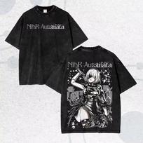 Nier Automata Vintage Washed T-shirt, Retro Fashion Unisex Oversized Loose Short Sleeve Graphic Streetwear Tee for Men Women, Classic Casual Tops L black