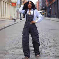 Women's Loose Denim Halter Onesie Cross-Border Spring Street Fashion Multi-Pocket Overalls Attractive Stylish One-Piece Suit XL juoda