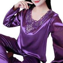 2 Pcs/Set Women Pajamas Set Silky Long Sleeves V Neck Solid Color Loose Sleeping Lace Plus Size Women Nightie Set for Bedroom 4XL purple