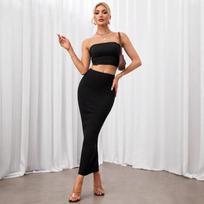 Spring/Summer Sexy Slim-Fit Skirt & Tube Top Set XS black