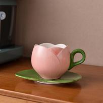 Tulip Flower Shaped Cup&saucer Dining Table Coffee Mug Delicate Porcelain Mugs Afternoon Tea Teacup Fruit Juice Container 300ml brown
