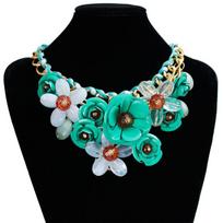 Retro Floral Acrylic Necklace With Cuban Chain For Women Summer Party Accessory Green blue