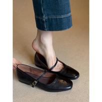Sheepskin version~ Genuine leather retro one-word buckle with Mary Jane shoes, women's flat temperament, shallow single shoes, small leather shoes 40 black
