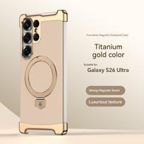 Prabangus odinis berėmis magnetinis telefono dėklas, skirtas Samsung S26 S25 S24 Ultra, su metaliniu laikikliu ir stoveliu, atsparus smūgiams dangtelis Galaxy S25 Ultra auksas