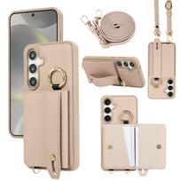 Apyrankės žiedo laikiklis Magnetinių kortelių lizdas Odinis piniginės dėklas Samsung S25 Ultra S24 Plus S23 S22 ilgam dirželiui stovui dangtelis Galaxy S22 5G chaki