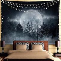 Forest Moon Tapestry, Trippy Tapestry Mystic Forest Starry Night Full Moon Blacklight Wall Hanging Tapestry For Bedroom 59×39inch/150*100cm gray
