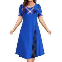 Moteriška retro suknelė 3D languota suknelė Vasarinė trumpomis rankovėmis su apvalia iškirpte Laisvalaikio suknelė Moteriška elegantiška suknelė 5XL blue
