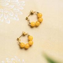 Natural Beeswax Chinese-Style Sterling Silver Yellow Amber Hoop Earrings beige